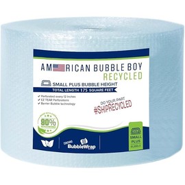 Large roll of 175 Feet of Recycled Small Plus Bubble wrap for packing, moving and shipping for your business essentials. Eco friendly and made from 90% post-consumer materials by American Bubble Boy