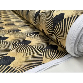 Generic Art Deco Geometric Damask Floral Fan Fabric Fountain Leaf - Curtain Upholstery Home Decor - 140cm Wide - Gold & Black (1 Metre)