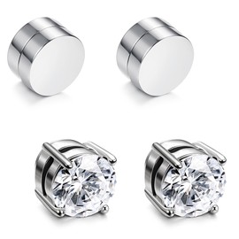 JOERICA 2 Pairs Stainless Steel Stud Earrings for Men Women Non Piercing Clip on CZ Earrings Silver-tone 6MM