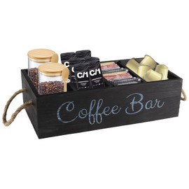 Gzsekken Coffee Station, 4 Compartments Coffee Station Organizer Kitchen Wooden Caddy for Pod Tea Bag, Coffee Bar with 2 Side Handles for Office & Home Countertop Organisation, Vintage Black