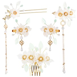 YBEATY 5 PCS Camellia Flower Tassels Hairpin Crystal Rhinestone Pearl Hairs Clips Headpiece Floral Bun Updo Comb Clip Vintage Chinese Rhinestones Pearl Hairs Sticks for Women Updo Long