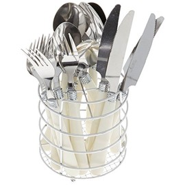 Gibson Sensations 16-Piece Stainless Steel Flatware Set with Metal Caddy - Includes Knives, Forks, Large & Small Spoons - Durable, Dishwasher Safe Silverware for Everyday Dining (White)