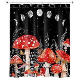 WEENEO Boho Mushroom Shower Curtain Grey Botanical with Moon Phase Rustic Farmhouse Shower Curtain Set for Bathroom Abstract Vintage Red and Black Fabric Bath Curtain with 10pcs Hooks,60x72 Inch