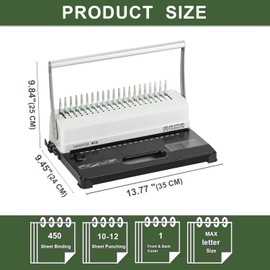 HOUYEE Manual Comb Binding Machine,19 Holes, 450 Sheets,Paper Punch Comb Binder Machine with 50 PCS 1/2" Comb Binding Spines, Fit for Letter Size Paper