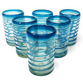 Dos Sueños Hand Blown Mexican Drinking Glasses – Set of 6 Glasses with an Aqua Spiral Design (14 oz each) …
