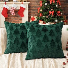 Christmas Pillow Covers 20'' x 20'' Set of 2, Soft Faux Rabbit Fur 3D Embroidery Christmas Tree Throw Pillow Covers for Holiday Christmas Decor Sofa, Couch, Invisible Zipper, Skin-Friendly