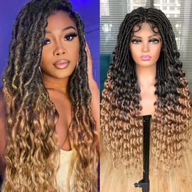 Annivia Faux Locs Braided Wigs for Black Women Goddess Full Lace Faux Locs Crochet Wigs with Baby Hair Soft Knotless Dreadlock Synthetic Lace Twist wig with Wave Curly Ends 1B/27 32Inch