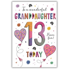 Granddaughter 13th Birthday Card - Age 13 - Heart Balloons and Rainbows Design - Special Finishes and Illustrated Insert Leaf - Made in the UK - Eco-Friendly