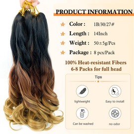 Three Tones French Curly Braiding Hair 14 Inch Pre Stretched Bouncy Braiding Hair 8 Packs French Curl Braiding Hair Loose Wavy Spiral Curl Braiding Hair Extensions for Women(8Packs,1B/30/27)