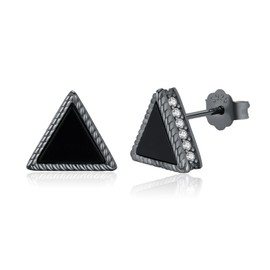 Black Onyx Earrings 925 Sterling Silver Triangle Stud Earrings Hypoallergenic Black Earrings Punk Gothic Jewelry Gifts for Men Women(white zircon), Sterling Silver, Onyx