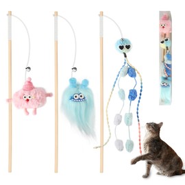FUTURE FOOT Elastic Cat Wand Toy Funny Interactive Plush Cat Fishing Pole Toy with Bell Soft Natural Wood Kitten Teaser Wand for Indoor Cats Kittens Bored Cats (3 Pack)