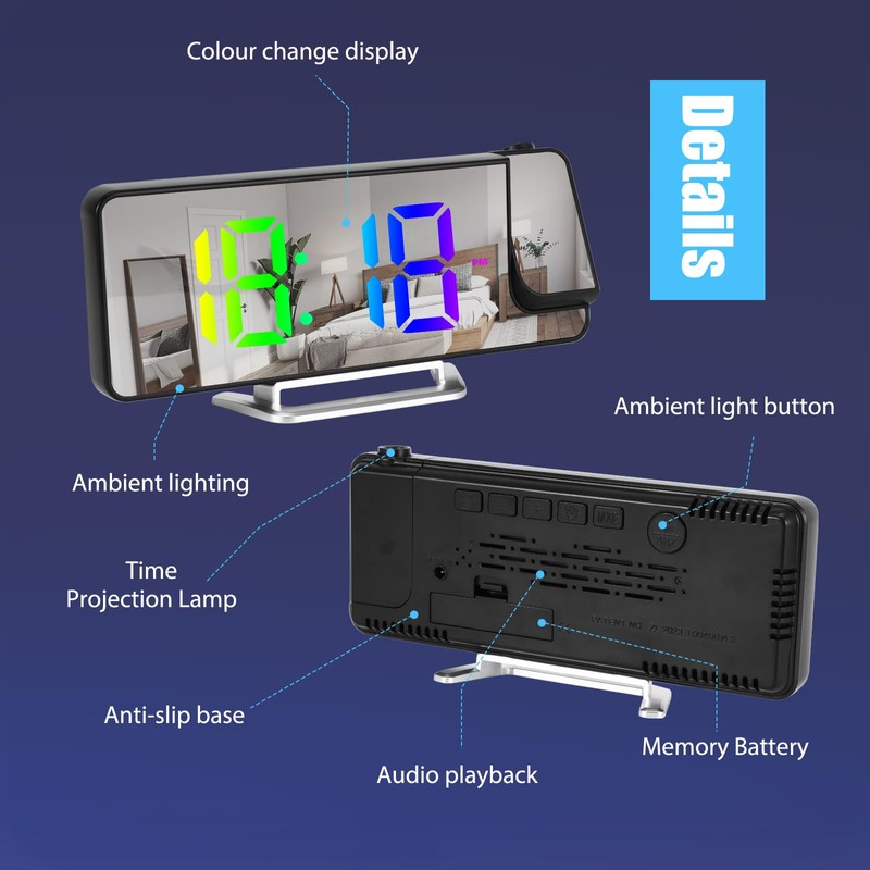Projection Alarm Clock, Digital Display Alarm Clock 8.1 Inch RGB,