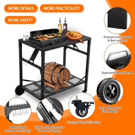 Grill Cart Outdoor with 4 Wheels - Foldable Pizza Oven Stand Table, Portable Dining Cart Table for Outdoor, BBQ, Indoor, Kitchen Black