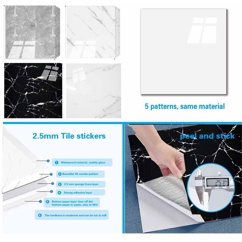 20-Sheets Peel and Stick Backsplash Marble Look 12"X12" Self Adhesive