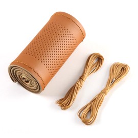 NGHEY Pack-1 Leather Steering Wheel Cover, Universal Non-Slip Stitch On Wrap, DIY Car Wheel Cover Protector with Needle and Thread for Most Cars SUVs and Trucks (Brown)