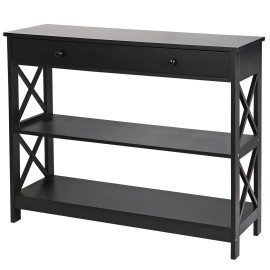 Segawe 3-Tier Console Table with Drawer and Open Storage Shelf Hallway Furniture Black