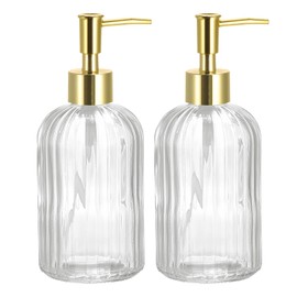 uxcell Soap Dispensers Set - 2 Pack 13.5Oz Glass Dish Hand Soap Dispenser with Golden Pump for Kitchen Bathroom, Clear