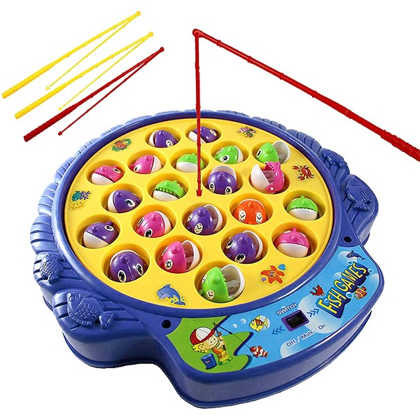 Haktoys Fishing Game Toy Set with Rotating Board | Now with Music On/Off Switch for Quiet Play | Includes 21 Fish and 4 Fishing Poles | Safe and Durable Gift for Toddlers and Kids