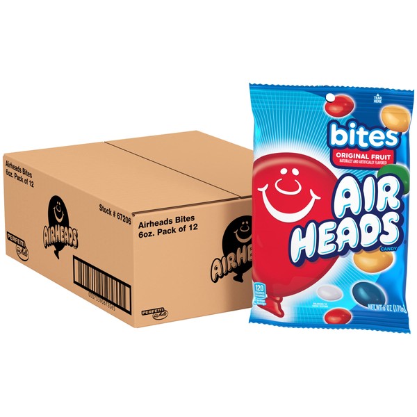 Airheads Candy, Bites, Assorted Fruit Flavor, Non Melting, 6oz Bag, Box of 12 Bags