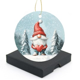 2024 Christmas Ornament Keepsake, Xmas Gnome On a Snowy Day Ornaments with Gift Box, Round Ceramic Ornament for Christmas Tree Decoration, Lovely for Family and Friends
