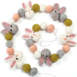 Easters Pom Pom Garland 6.6 Feet Wool Felt Ball Garland Farmhouse Felt Tiered Tray Decoration for Home Decoration Easter Birthday Party Supplies (Rabbit)