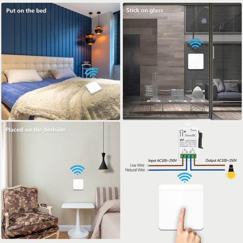 DieseRC Wireless Light Switch, RF Wireless Transmitter Switch and 10A