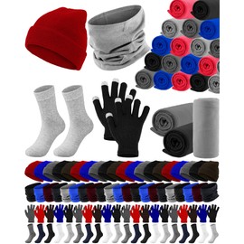Panitay 100 Pcs Winter Homeless Care Package Supplies Fleece Blankets Bulk Unisex Beanies Gloves Neck Warm Cotton Socks in Bulk for Cold Weather Woman Men Homeless Shelter Donating Warm Gift