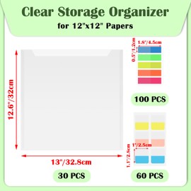 BTSKY 15PCS 12x12 Scrapbook Paper Storage Organizer Top Loading Plastic Paper Storage Clear Craft Organizers and Storage Holder with 160 PCS Sticky Index Tabs for Scrapbook Vinyl Paper Cardstock etc.
