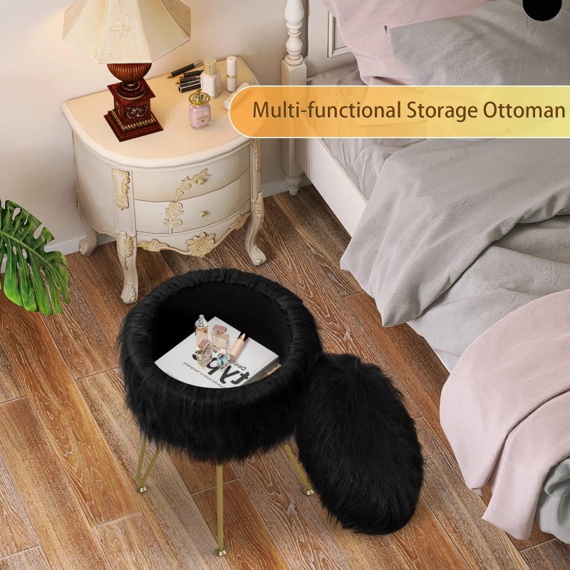 Runlexi Vanity Stool Chair with Storage, Faux Fur Makeup Room