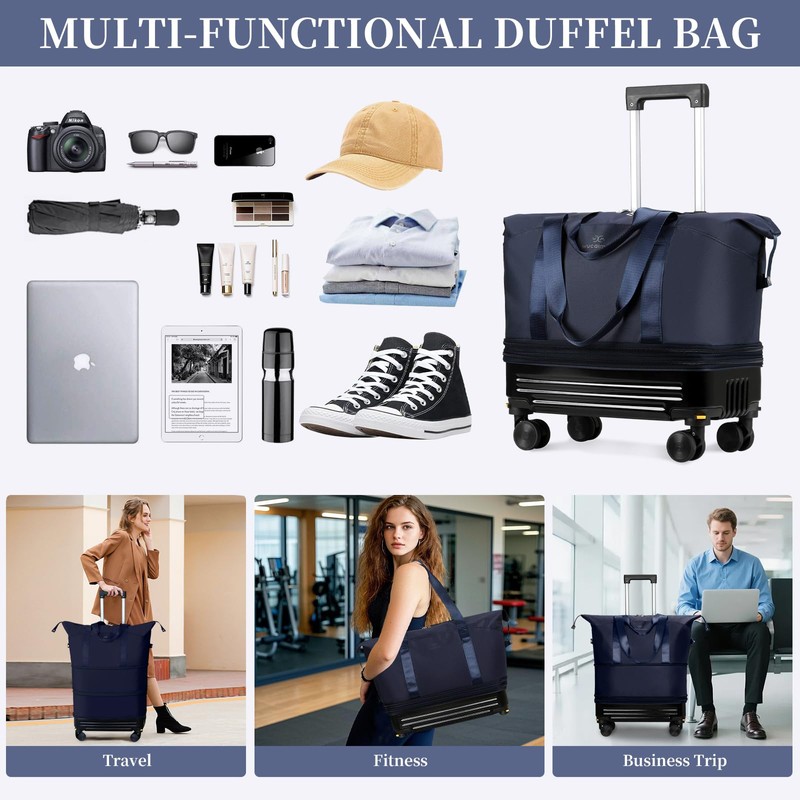 Rolling Duffel Bag with Detachable Wheels & Handle,Expandable Foldable Travel