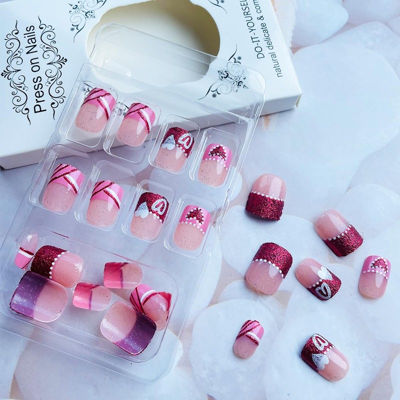 NEWSPIED Valentines Press on Nails Short Square Fake Nails Glitter