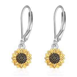 POPLYKE Sunflower Earrings Dangle Hypoallergenic S925 Sterling Silver Sunflower Leverback Earrings for Women