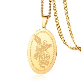VASSAGO Saint Michael Necklace for Men Women Stainless Steel Archangel Pendant Necklace Oval Medal Pendants Religious Jewelry, Stainless Steel, No Gemstone