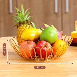 Soulnioi Fruit Basket Iron Wire Fruit Bowl with Wooden Base Round Fruit Storage for Vegetable Snack Bread Home Decor - Gold