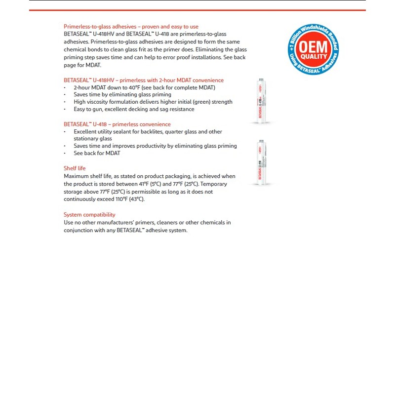 Betaseal U-418HV Automotive Windshield/Glass Adhesive - High Viscosity Urethane, Primerless