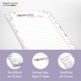 paper&you® A6 Shopping List Pad [Flowers] with 50 Tear-Off Sheets | Shopping List Notepad | Makes Shopping Fun! Climate Friendly & Sustainable