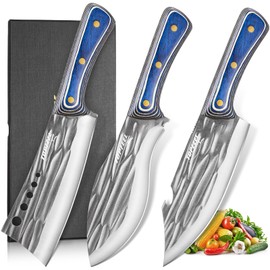 3PCS Butcher Knife Set for Meat Cutting， Hand Forged Professional Chef Knife Set Meat Cleaver Boning Knife for Home, Outdoor Cooking, Camping BBQ Gift Idea Men