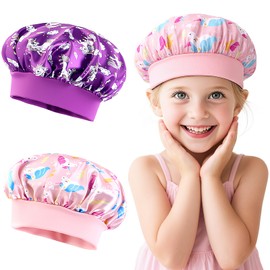 Set of 2 Children's Silk Hood Set, Silk Sleep Cap for Children's Hair, Breathable Satin Bonnet for Curls, Satin Sleep Cap Girls Boys, Dark purple + blood tooth colour