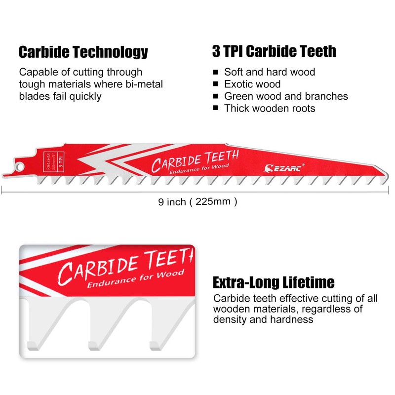 EZARC Carbide Reciprocating Saw Blade R943HM Endurance for Hard Wood