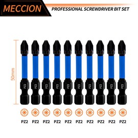 Meccion PZ2 Impact Driver Bits 50mm Length 10Pcs Professional Pozidriv Magnetic Screwdriver Bits Set - 1/4 Inch Hex Shank