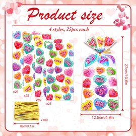 HOWAF 100pcs Conversation Heart Cellophane Treat Bags, Valentine's Day Candy Gift Bags with Twist Ties for Valentines Heart Party Favor Supplies, Valentines Day Goodie Bags Gift Wrapping Bags, 4 Design