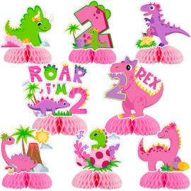JOYMEMO 8 Pieces Dinosaur 2nd Birthday Honeycomb Centerpieces Pink - Two Rex Birthday Decorations Girl, Dinosaur Second Birthday Table Toppers for Jungle Safari Roar Im Two Party Supplies