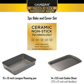 casaWare Ceramic Coated Non-Stick 2pc Bake & Cover Set Ultimate Commercial Weight, 15x10x3-inch Deep Lasagna/Roaster Pan and 14x9.5x3/4-inch Cookie Sheet/Baking Cover Pan with Handles (Silver Granite)