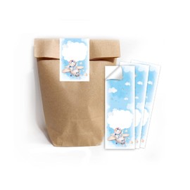 12 Gift Bags (Natural) + 12 Stickers Animals on the Plane for Party Bags Guest Gift for Children's Birthday Girls Boys