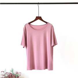 AUPancc Modal Pajamas Women's Pajama Tops - Sleep Shirts for Women, Pure Color Round Neck(5 Colors) Pink