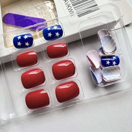 ONPRESS 24Pcs 4th of July Press on Nails Short Square Fake Nails with American Flag Star Design Independent Day Acrylic False Nails Red Blue Solid Glue on Nails for Women Patriotic Manicure Decor