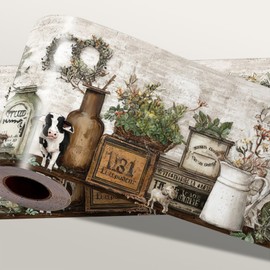IOHEFY Farmhouse Peel and Stick Wallpaper Border for Kitchen Wall - 15ft x 4in Wipeable Vinyl Rustic Country, Removable Vintage Cotton Floral Border for Bathroom Cabinet
