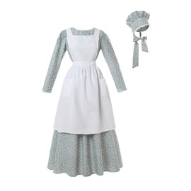 ROLECOS Pioneer Prairie Costume Womens Colonial Pilgrim Costume Amish Dress Pioneer Trek Dresses 3 Pcs Green Blue XL