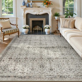 Grey Rugs for Living Room 8x10, Vintage Washable Area Rug for Bedroom Dining Room Office, Low Pile Soft Non-Slip Retro Neutral Carpets for Kitchen Indoor Nursery