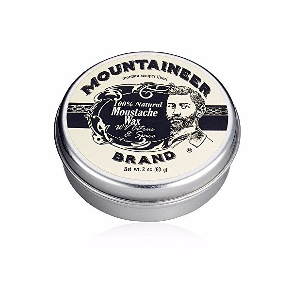 Mountaineer Brand Mustache Wax for Men 100% Natural Beeswax / Plant Based Oils | Grooming Beard Moustache Wax Tin | Long-Lasting Extra Firm Hold | Smooth, Condition, Styling Balm | Citrus & Spice 2oz